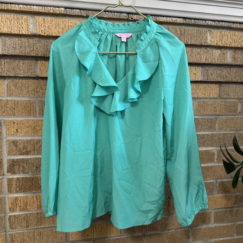 Lilly Pulitzer Teal Green Top XS blouse Long Sleeve Ruffle Palm Beach Coastal